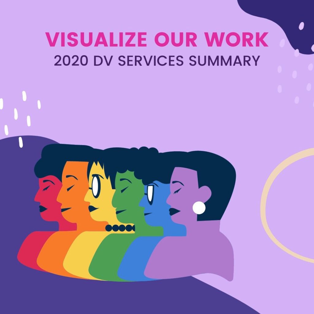 Graphic of a rainbow of people and the words "Visualize our work - 2020 DV Services Summary"