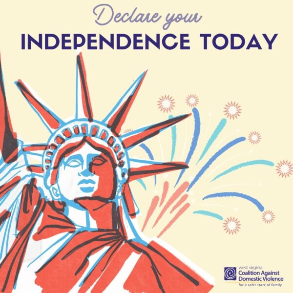 Graphic of stylized Statue of Liberty with fireworks in the background, reading "Declare your independence today"