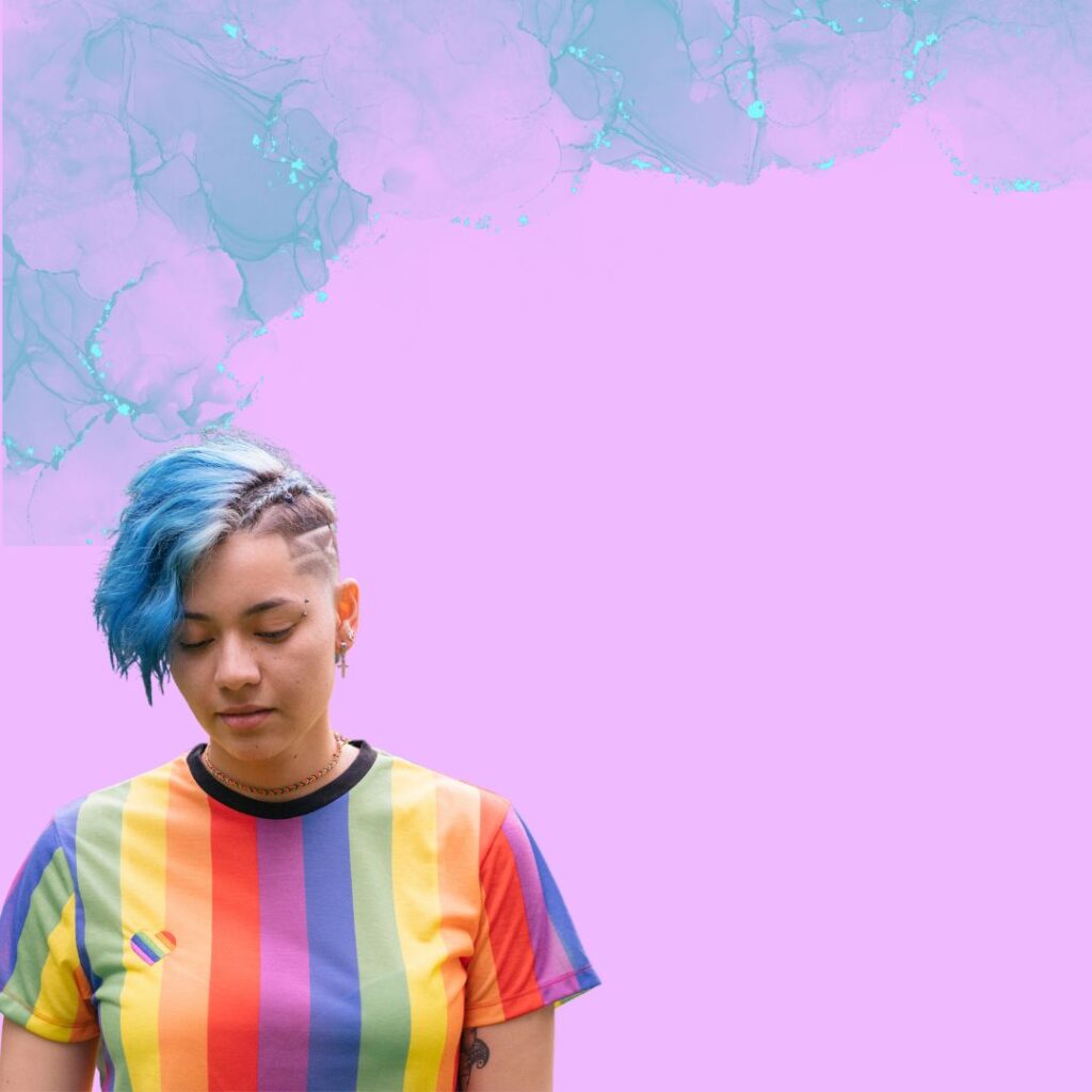 Background graphic of a person with blue hair and a rainbow shirt, looking downward in an attitude of depression