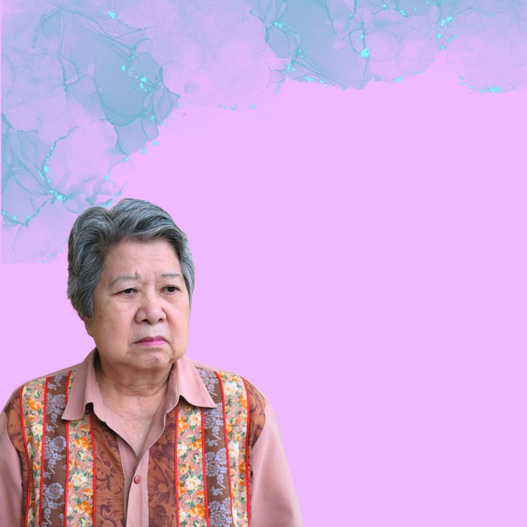 Background graphic of an older person with a "I'm not angry, but I'm very disappointed in you" expression